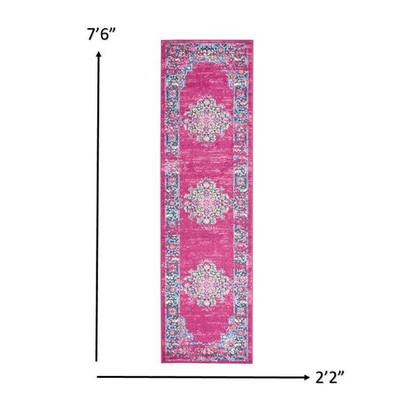 Homeroots 2 x 8 ft. Fuchsia & Blue Distressed Runner Rug - 385312