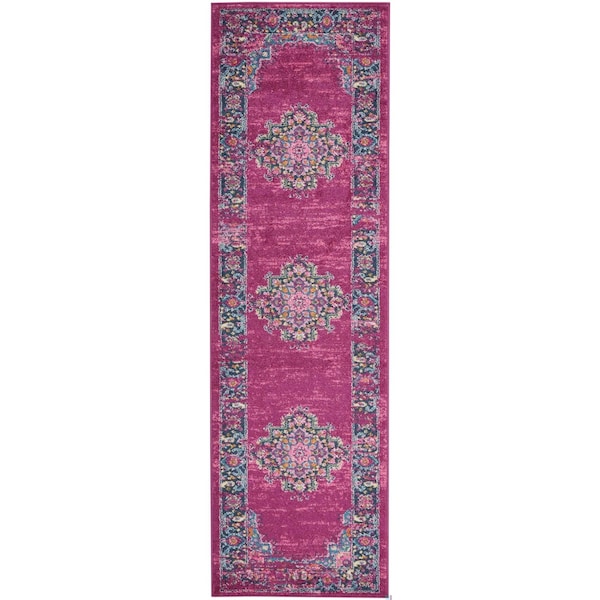Homeroots 2 x 8 ft. Fuchsia & Blue Distressed Runner Rug - 385312