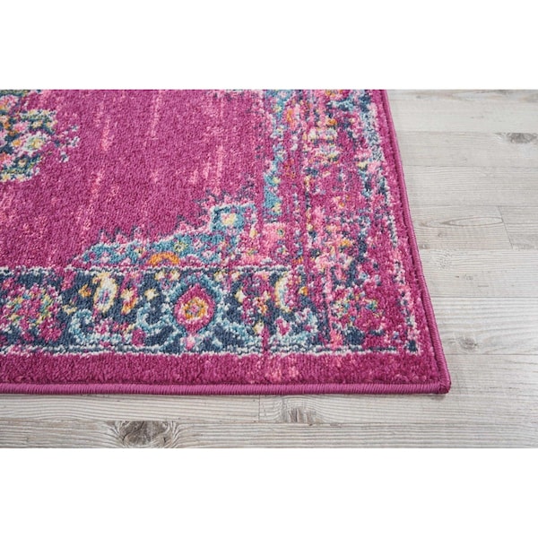 Homeroots 2 x 8 ft. Fuchsia & Blue Distressed Runner Rug - 385312