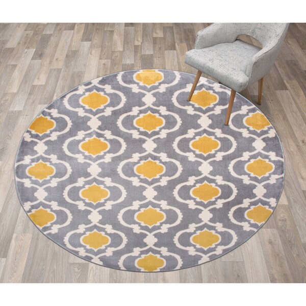 World Rug Gallery Moroccan Trellis Contemporary Gray/Yellow Area Rug 6'6'' Round - 310YELLOWGRAY6RND