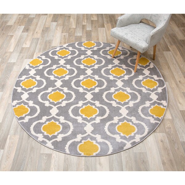 World Rug Gallery Moroccan Trellis Contemporary Gray/Yellow Area Rug 6'6'' Round - 310YELLOWGRAY6RND