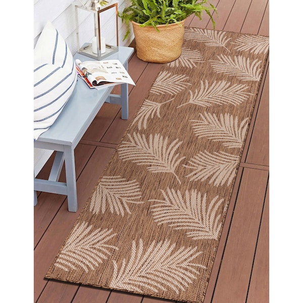 World Rug Gallery Contemporary Palm Leaves Textured Flat Weave Indoor/Outdoor Runner Rug 2'x7' Brown - 111BROWN2X7