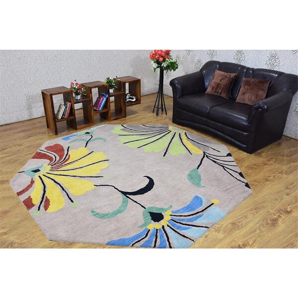 Tapis Rugs 6 x 6 ft. Hand Tufted Wool Floral Octagon Area Rug - Camel - TA2983040