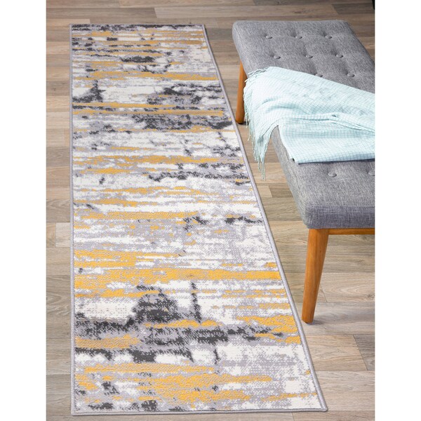 World Rug Gallery Vintage Modern Abstract Yellow/Gray/Ivory Runner Rug 2'x7' - 2057YELLOW2X7