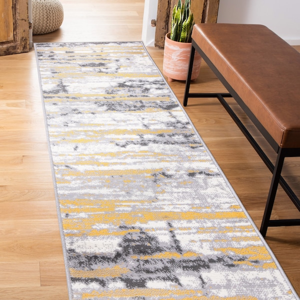 World Rug Gallery Vintage Modern Abstract Yellow/Gray/Ivory Runner Rug 2'x7' - 2057YELLOW2X7