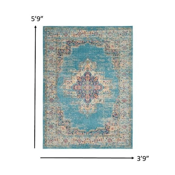 Homeroots 4 x 6 ft. Light Blue Distressed Medallion Area Rug - 385332