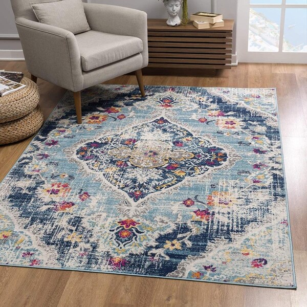 Homeroots 2 x 4 ft. Blue Distressed Medallion Area Rug - 392981