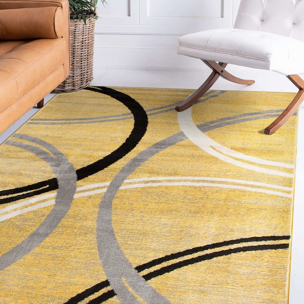 World Rug Gallery Modern Wavy Circles Design 10' x 14' Yellow - 377YELLOW10X14