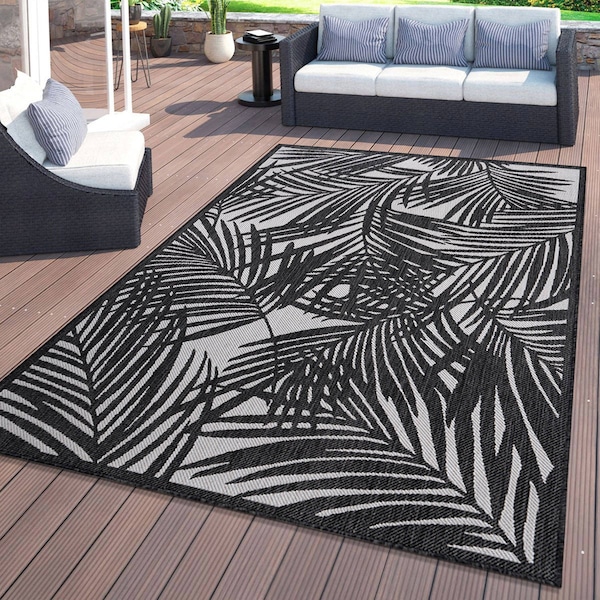 World Rug Gallery Contemporary Palm Leaf Textured Flat Weave Indoor/Outdoor Area Rug 5' x 7' Black - 118BLACK5X7
