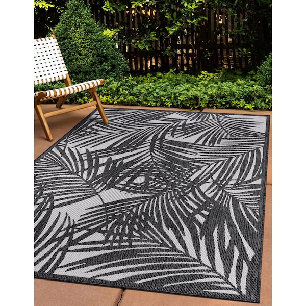 World Rug Gallery Contemporary Palm Leaf Textured Flat Weave Indoor/Outdoor Area Rug 5' x 7' Black - 118BLACK5X7