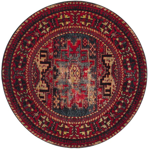 Flowers First 4 x 4 ft. Vintage Hamadan Global; Traditional Round Power Loomed Rug; Red & Multi Color - FL2149377