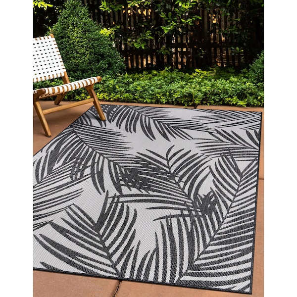 World Rug Gallery Contemporary Distressed Leaves Textured Flat Weave Indoor/Outdoor Area Rug 5' x 7' Black - 117BLACK5X7