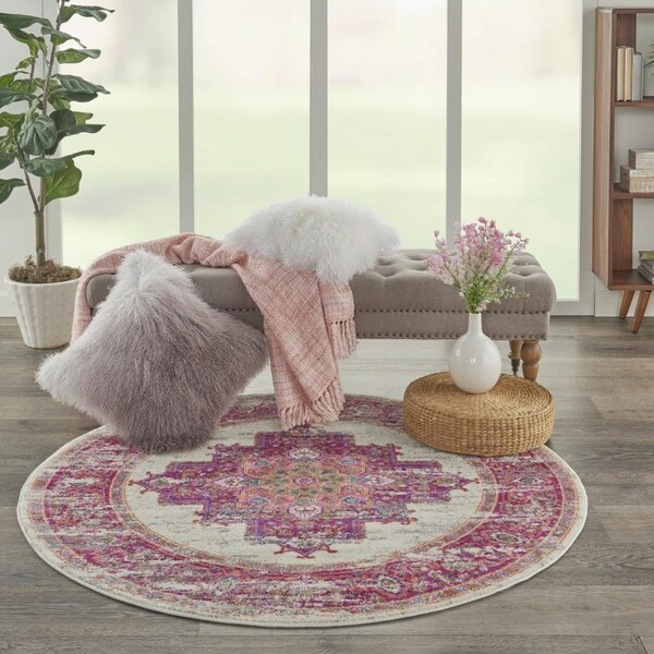 Homeroots 4 ft. Round Ivory & Fuchsia Distressed Area Rug - 385322