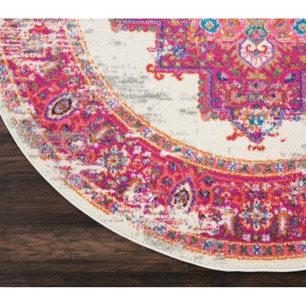 Homeroots 4 ft. Round Ivory & Fuchsia Distressed Area Rug - 385322