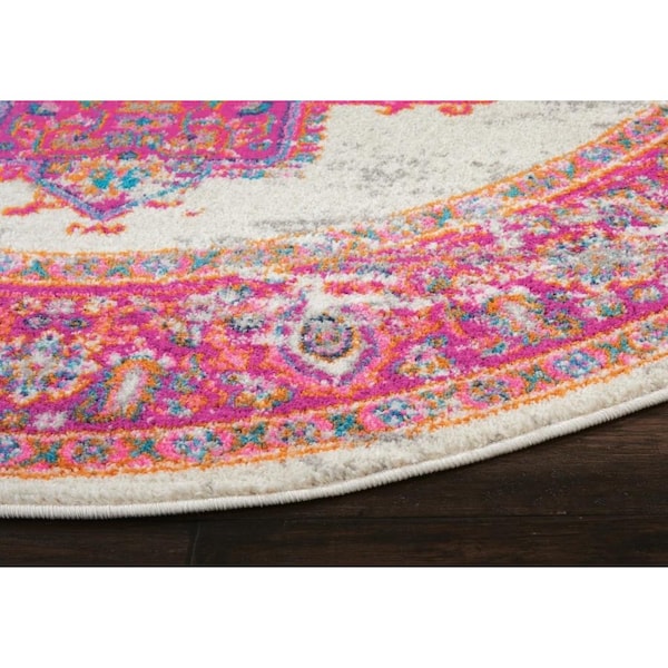 Homeroots 4 ft. Round Ivory & Fuchsia Distressed Area Rug - 385322