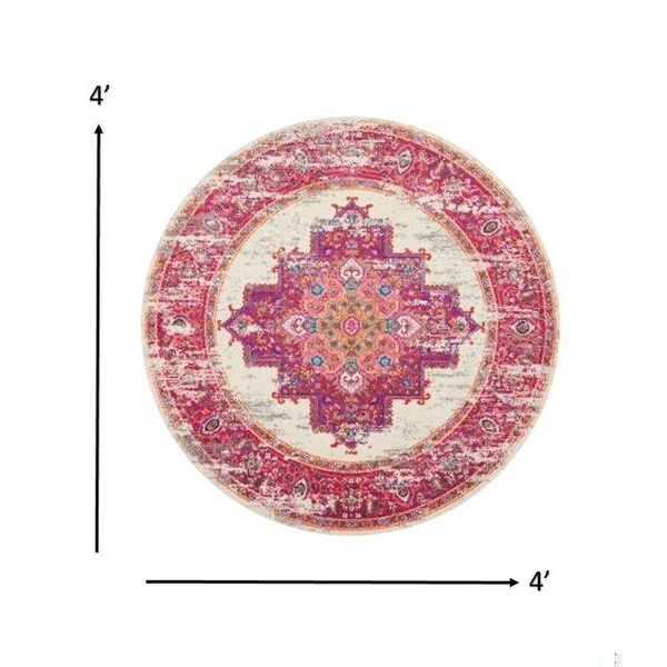 Homeroots 4 ft. Round Ivory & Fuchsia Distressed Area Rug - 385322