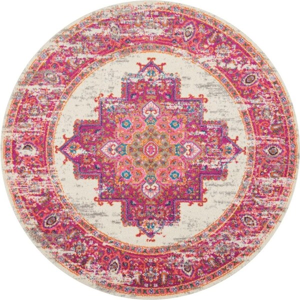 Homeroots 4 ft. Round Ivory & Fuchsia Distressed Area Rug - 385322