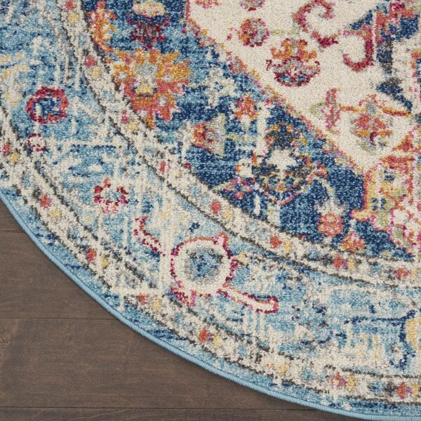 Homeroots 5 ft. Round Ivory & Light Blue Distressed Area Rug - 385551