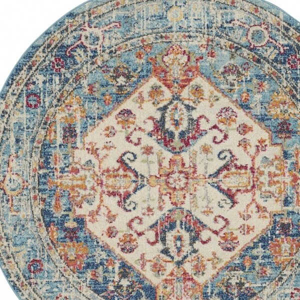Homeroots 5 ft. Round Ivory & Light Blue Distressed Area Rug - 385551