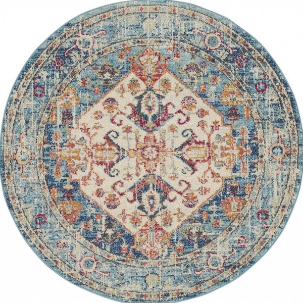 Homeroots 5 ft. Round Ivory & Light Blue Distressed Area Rug - 385551