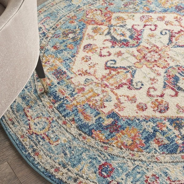 Homeroots 5 ft. Round Ivory & Light Blue Distressed Area Rug - 385551