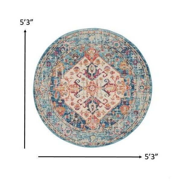 Homeroots 5 ft. Round Ivory & Light Blue Distressed Area Rug - 385551