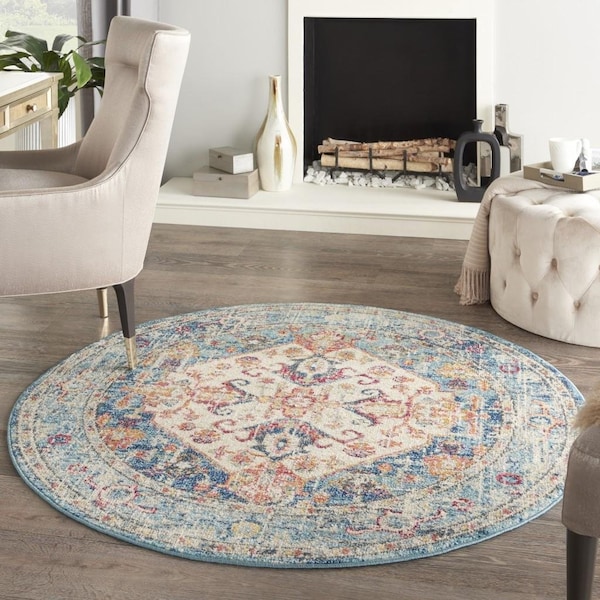 Homeroots 5 ft. Round Ivory & Light Blue Distressed Area Rug - 385551