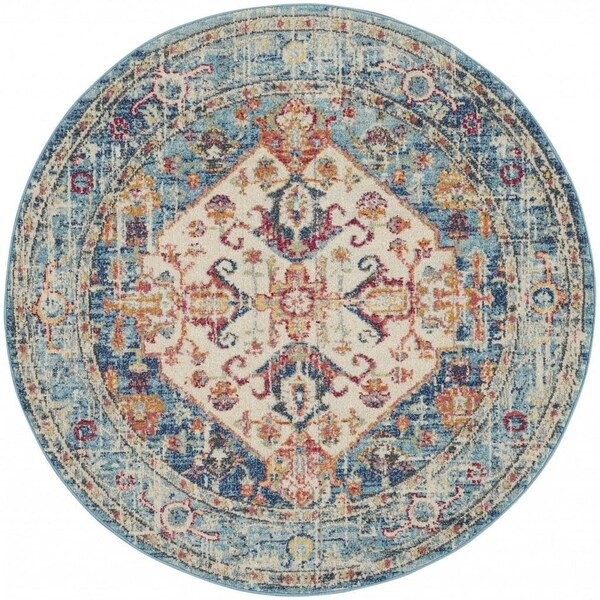 Homeroots 5 ft. Round Ivory & Light Blue Distressed Area Rug - 385551