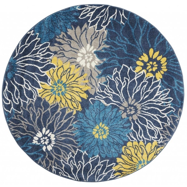 Homeroots 4 ft. Round Blue Tropical Flower Area Rug - 385402