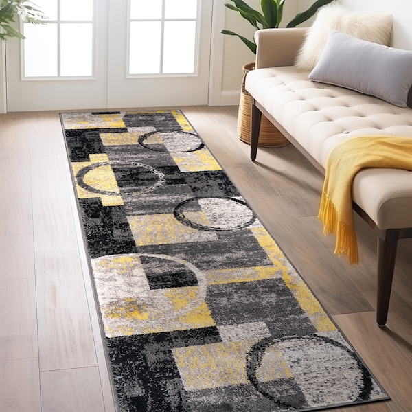 World Rug Gallery Contemporary Abstract Circle Design Soft Runner Rug 2' x 7'2'' Yellow - 307YELLOW2X7