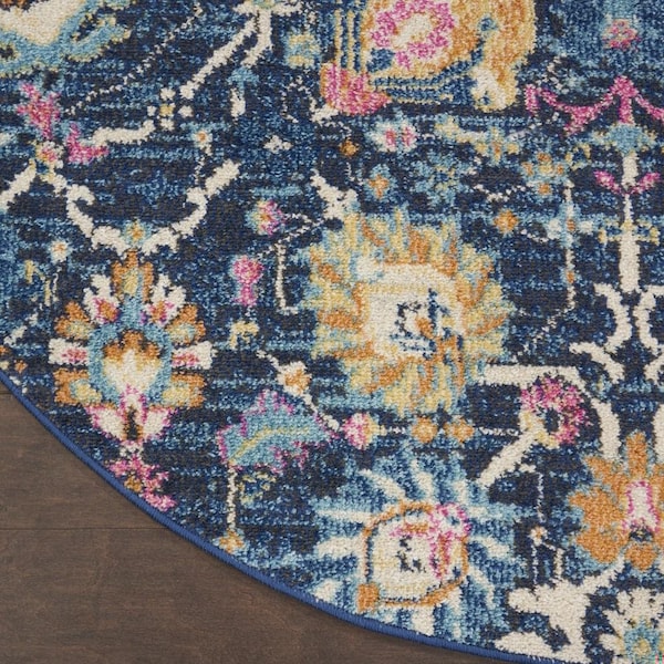 Homeroots 5 ft. Round Navy Blue Floral Buds Area Rug - 385237