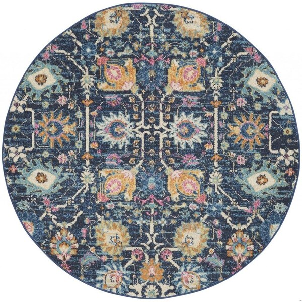 Homeroots 5 ft. Round Navy Blue Floral Buds Area Rug - 385237
