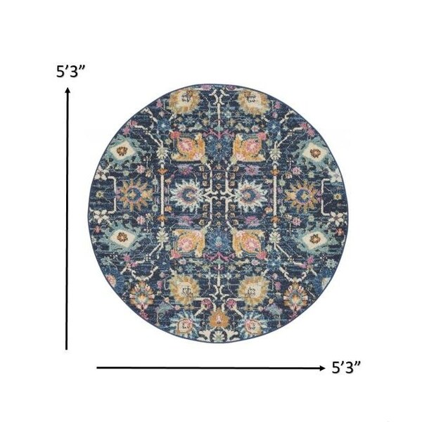 Homeroots 5 ft. Round Navy Blue Floral Buds Area Rug - 385237