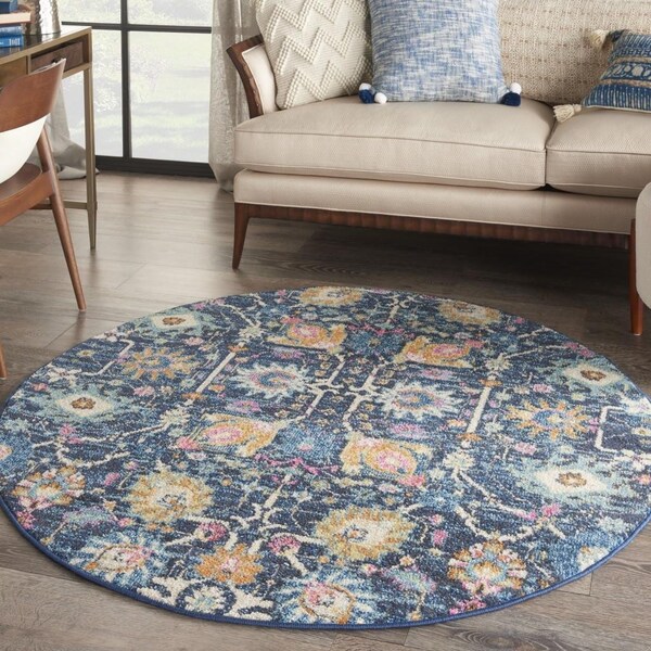 Homeroots 5 ft. Round Navy Blue Floral Buds Area Rug - 385237