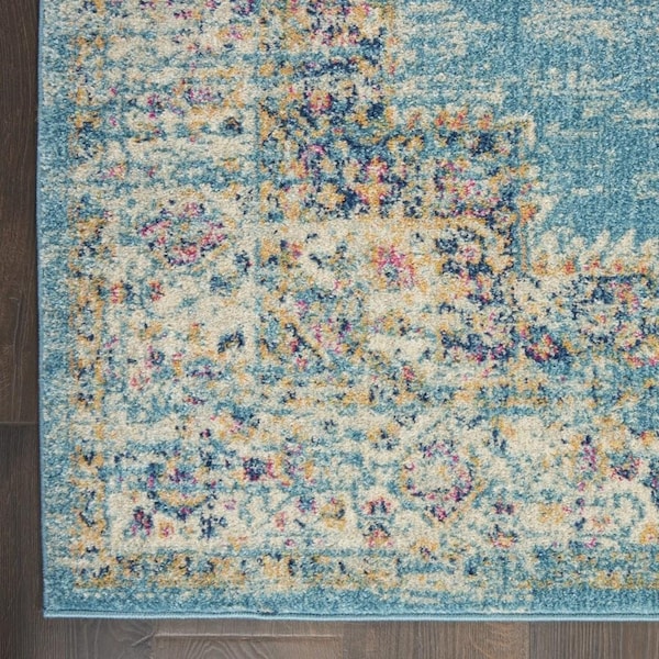 Homeroots 2 x 10 ft. Light Blue Distressed Medallion Runner Rug - 385330