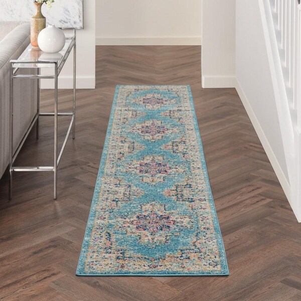 Homeroots 2 x 10 ft. Light Blue Distressed Medallion Runner Rug - 385330