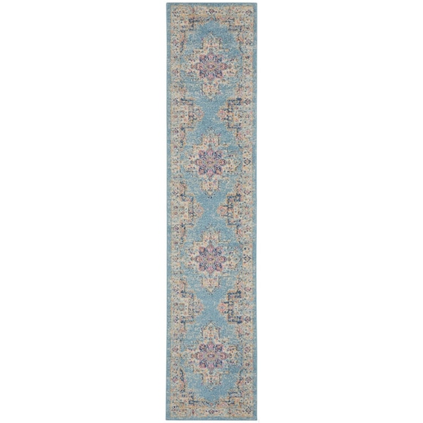 Homeroots 2 x 10 ft. Light Blue Distressed Medallion Runner Rug - 385330