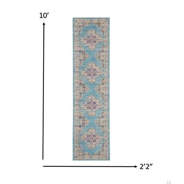 Homeroots 2 x 10 ft. Light Blue Distressed Medallion Runner Rug - 385330