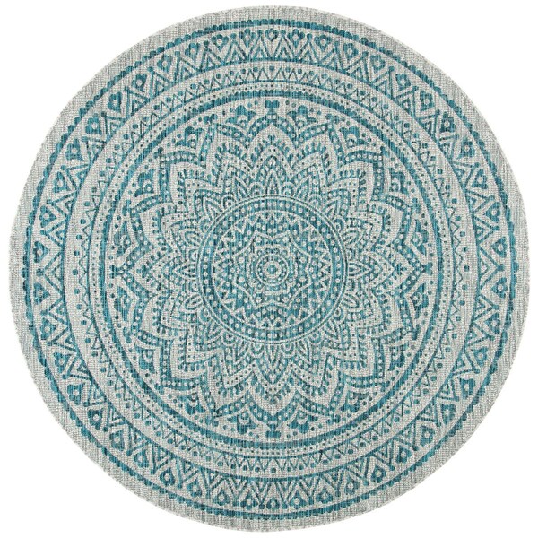 Safavieh 4 x 4 ft. Courtyard Power Loomed Round Area Rug; Light Grey & Teal - CY8734-37212-4R