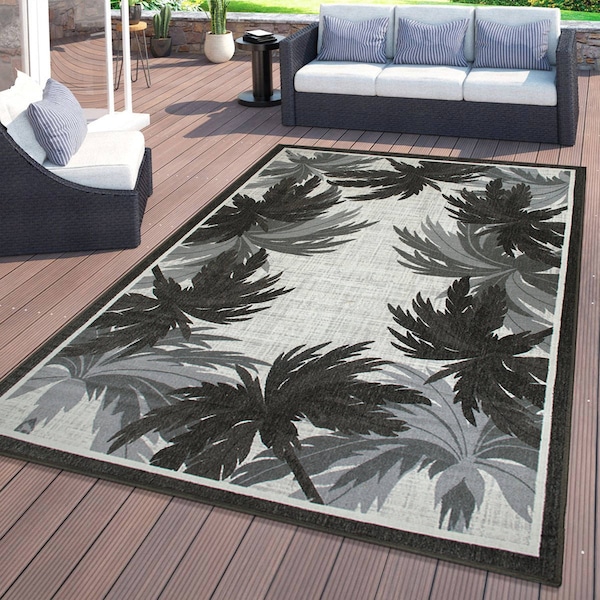 World Rug Gallery Tropical Floral Border Flatweave Indoor/Outdoor Area Rug 5' X 7' Gray - 9012GRAY5X7