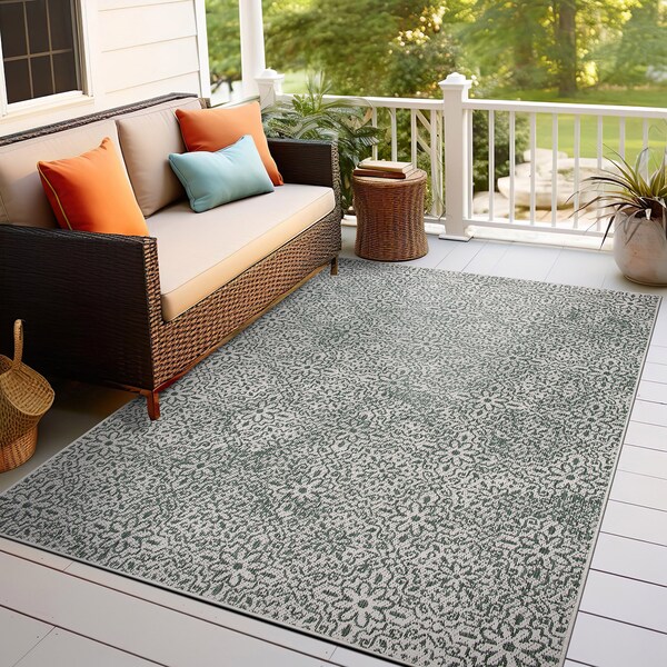World Rug Gallery Contemporary Flowers Weather Resistant Indoor/Outdoor Area Rug 7' 10'' x 10' Green - 4026GREEN8X10