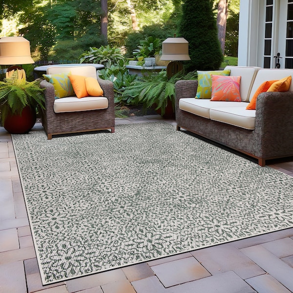 World Rug Gallery Contemporary Flowers Weather Resistant Indoor/Outdoor Area Rug 7' 10'' x 10' Green - 4026GREEN8X10