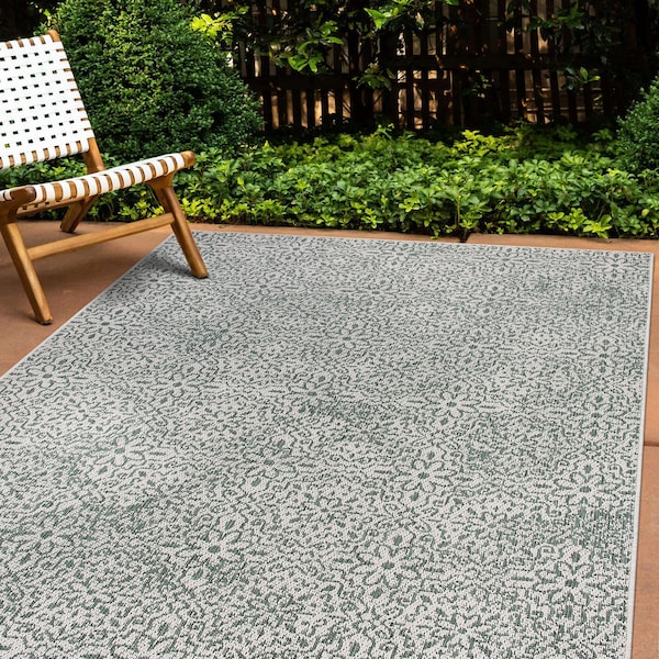 World Rug Gallery Contemporary Flowers Weather Resistant Indoor/Outdoor Area Rug 7' 10'' x 10' Green - 4026GREEN8X10