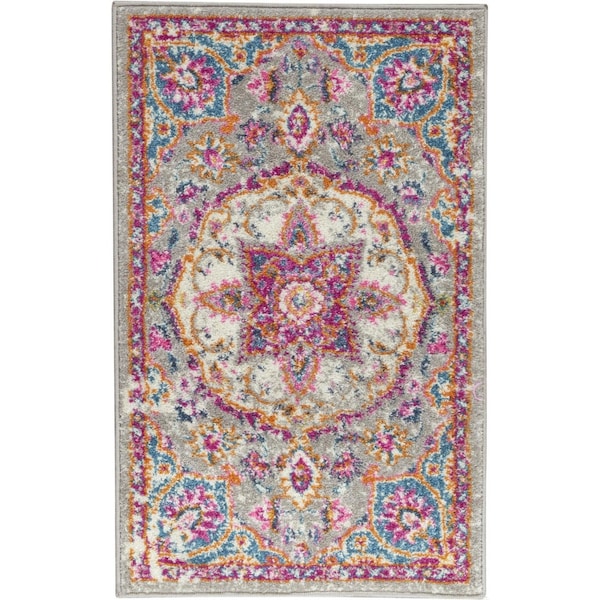 Homeroots 2 x 3 ft. Gray & Pink Medallion Scatter Area Rug - 385516