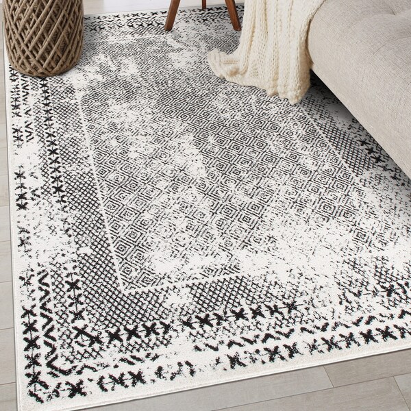 World Rug Gallery Bohemian Distressed Border Area Rug 8'x10' Black - 386BLACK8X10
