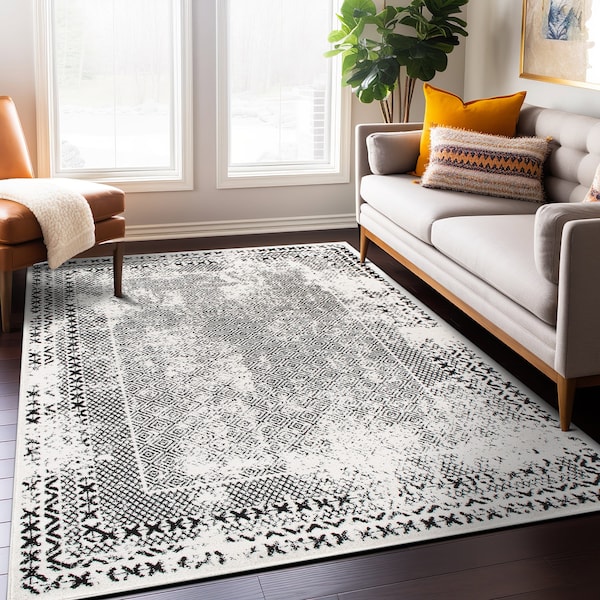 World Rug Gallery Bohemian Distressed Border Area Rug 8'x10' Black - 386BLACK8X10