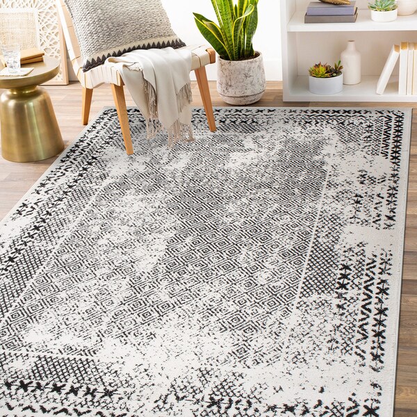 World Rug Gallery Bohemian Distressed Border Area Rug 8'x10' Black - 386BLACK8X10