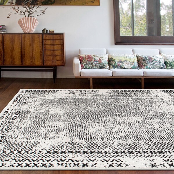 World Rug Gallery Bohemian Distressed Border Area Rug 8'x10' Black - 386BLACK8X10