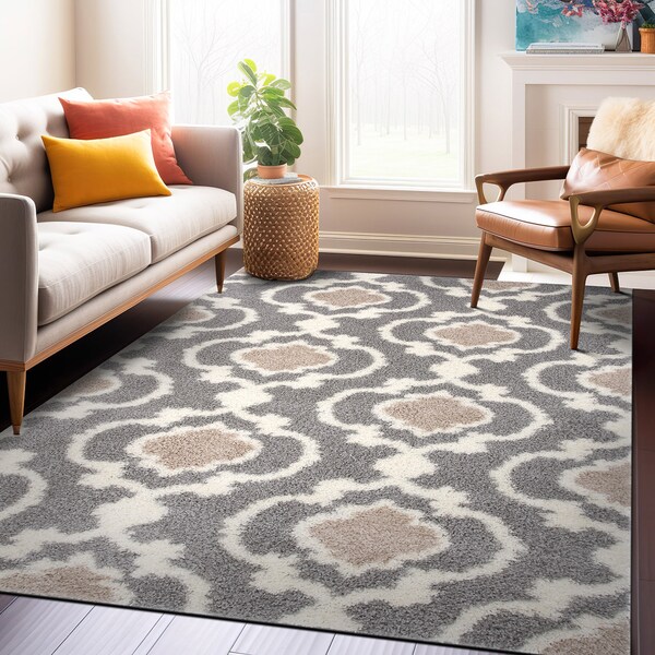 World Rug Gallery Cozy Moroccan Trellis Indoor Shag Area Rug 9' x 12' Gray - 2525GRAY9X12