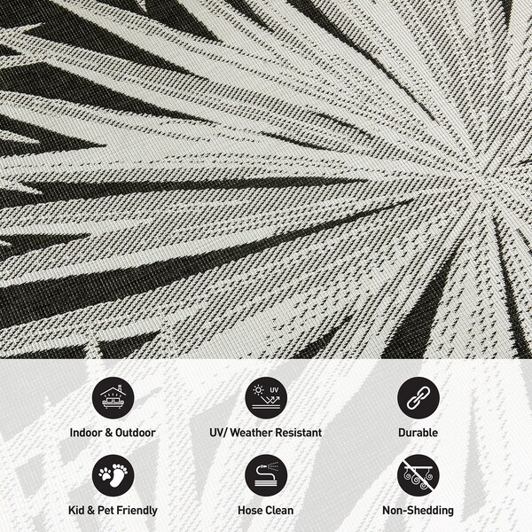 World Rug Gallery Tropical Leaves Nature Inspired Indoor/Outdoor Area Rug 5' x 7' Black - 4030BLACK5X7